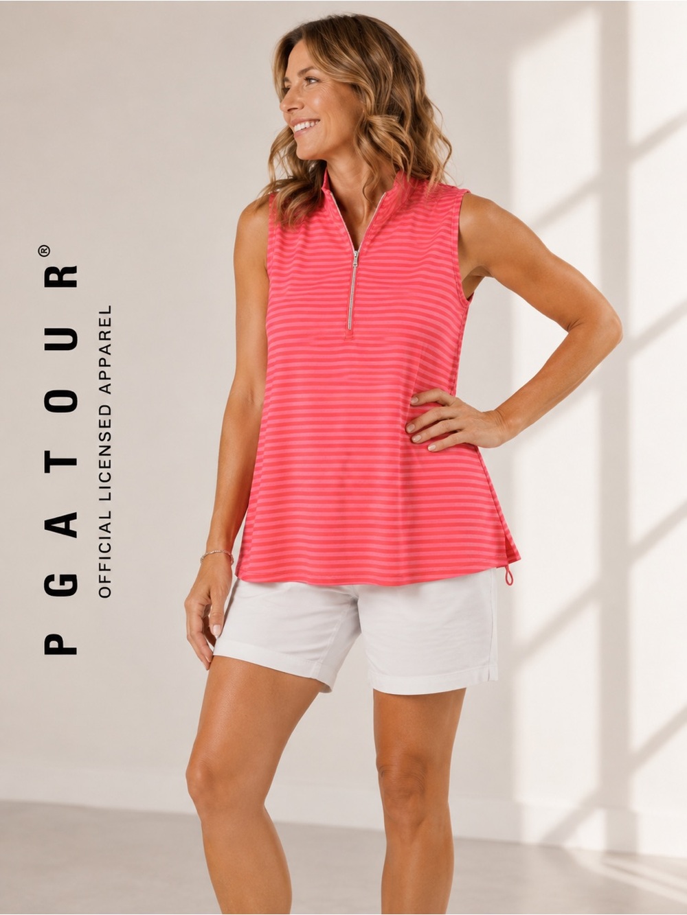 PGA Tour Coral Stripe Zip Mock Neck Tank | size Large
